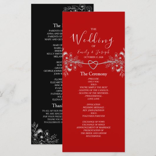 Elegant Black Red Floral Wedding Programmakaart (Voorkant / Achterkant)