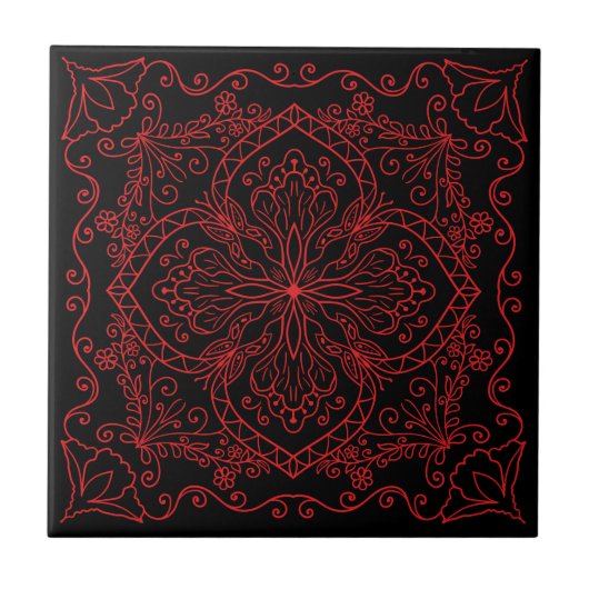 Elegant Black Red Flowers Butterfly Decoratief Tegeltje (Voorkant)