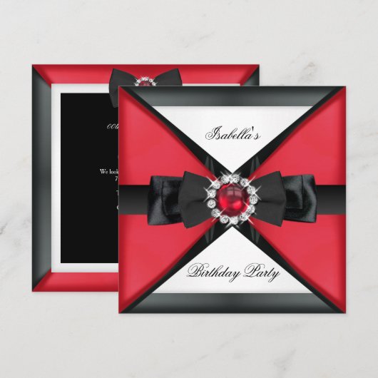 Elegant Black Red Pearl Bow White Birthday Party Kaart (Voorkant / Achterkant)