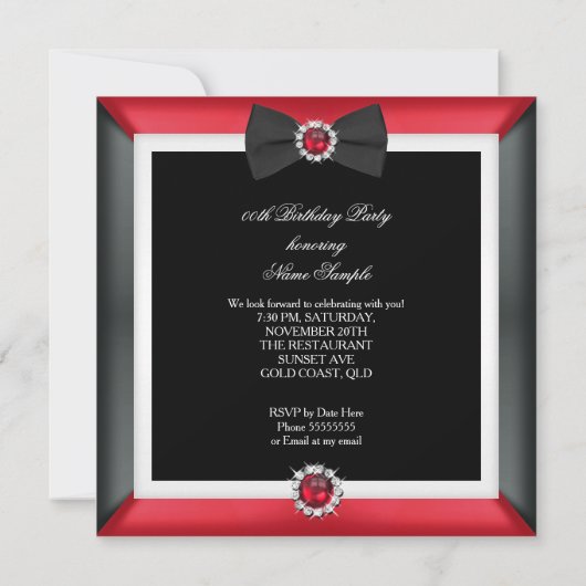 Elegant Black Red Pearl Bow White Birthday Party Kaart (Achterkant)
