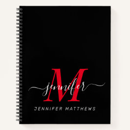 Elegant Black Red Persoonlijke monogram naam Notitieboek