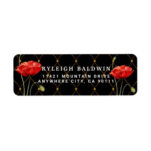 Elegant Black Red Poppy Return Address Label (Voorkant)