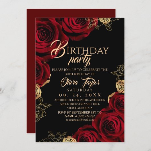 Elegant Black Red Rose Birthday Party Kaart (Voorkant / Achterkant)
