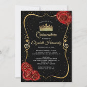 Elegant Black Red Rose en Gold Quinceanera Kaart (Voorkant)