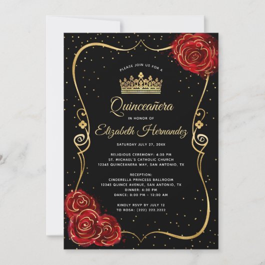 Elegant Black Red Rose en Gold Quinceanera Kaart (Voorkant)