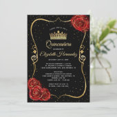 Elegant Black Red Rose en Gold Quinceanera Kaart (Staand voorkant)