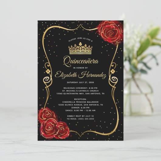 Elegant Black Red Rose en Gold Quinceanera Kaart (Staand voorkant)