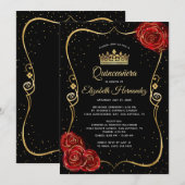 Elegant Black Red Rose en Gold Quinceanera Kaart (Voorkant / Achterkant)