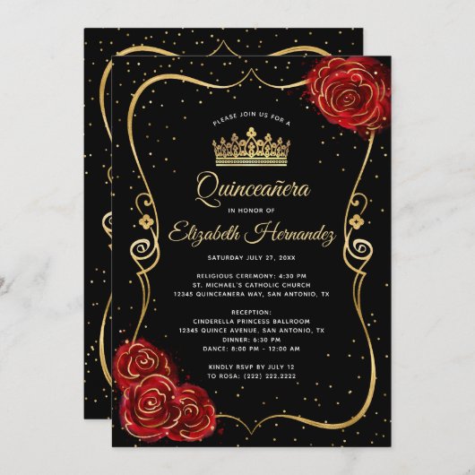 Elegant Black Red Rose en Gold Quinceanera Kaart (Voorkant / Achterkant)