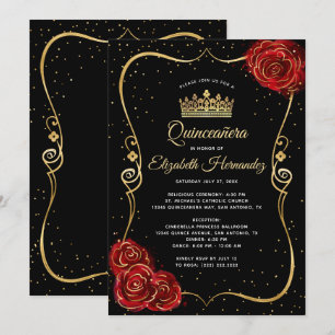 Elegant Black Red Rose en Gold Quinceanera Kaart
