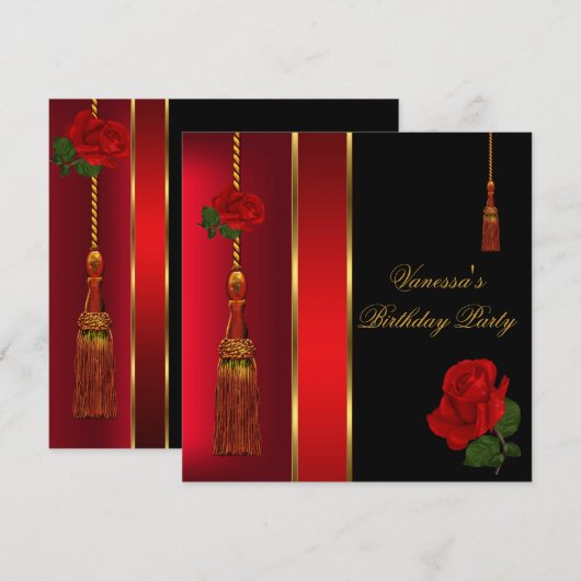 Elegant Black Red Rose Gold Birthday Party Kaart (Voorkant / Achterkant)