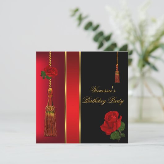 Elegant Black Red Rose Gold Birthday Party Kaart (Staand voorkant)