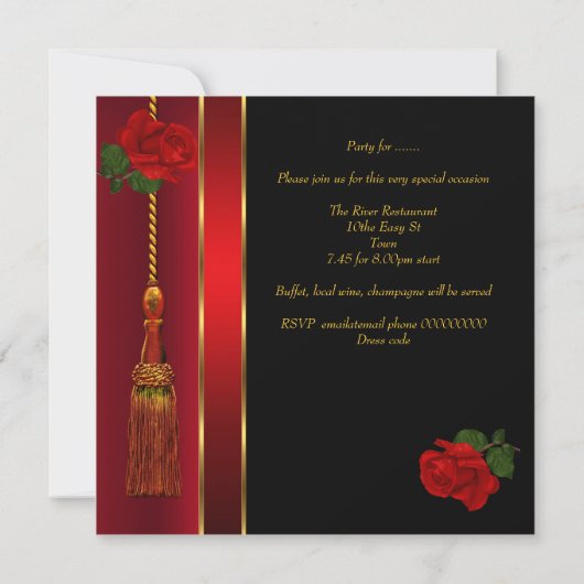 Elegant Black Red Rose Gold Birthday Party Kaart (Achterkant)