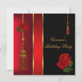 Elegant Black Red Rose Gold Birthday Party Kaart (Voorkant)