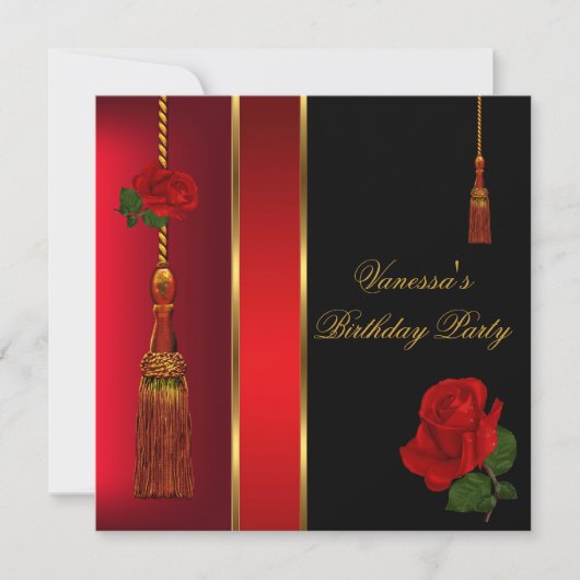 Elegant Black Red Rose Gold Birthday Party Kaart (Voorkant)
