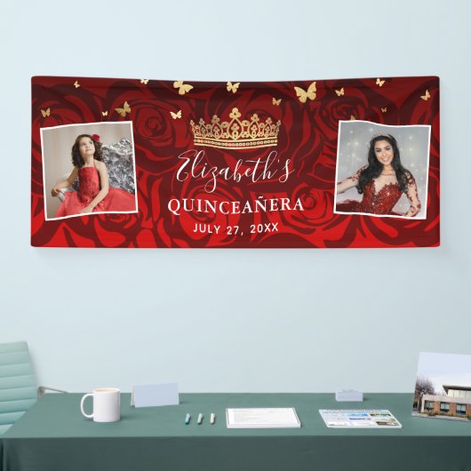 Elegant Black Red Rose Gold Birthday Quinceanera Spandoek (Beurs)