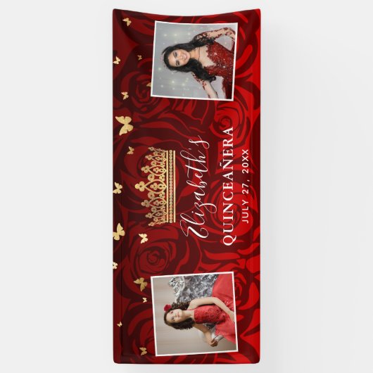 Elegant Black Red Rose Gold Birthday Quinceanera Spandoek (Verticaal)