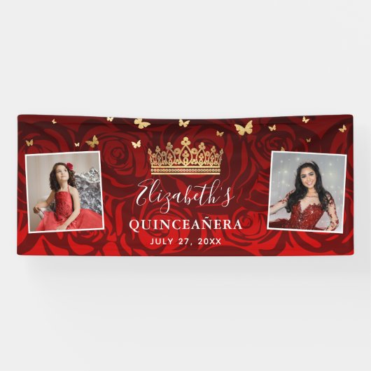 Elegant Black Red Rose Gold Birthday Quinceanera Spandoek (Horizontaal)