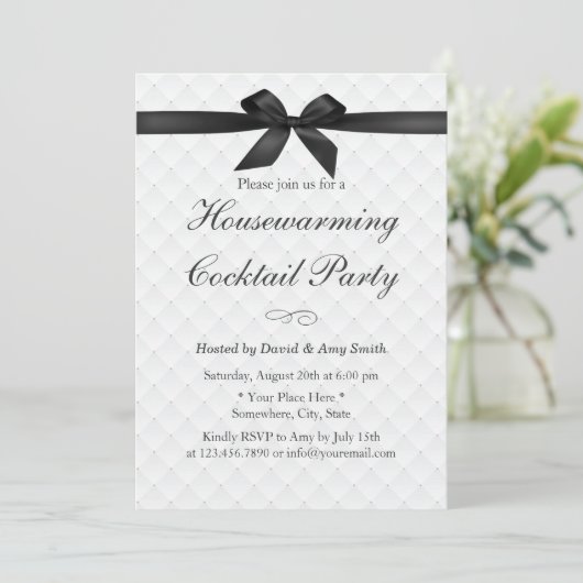 Elegant Black Ribbon Housewarming Cocktail Party Kaart (Staand voorkant)