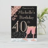 Elegant Black & Roos Gold 40th Birthday Party Kaart (Staand voorkant)