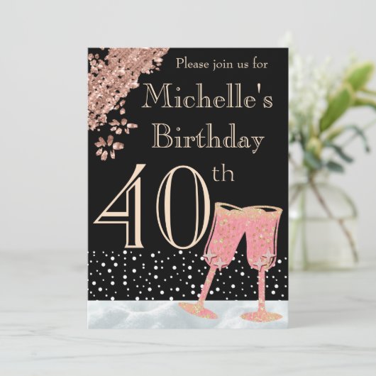 Elegant Black & Roos Gold 40th Birthday Party Kaart (Staand voorkant)