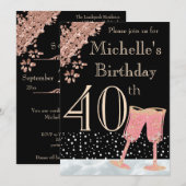 Elegant Black & Roos Gold 40th Birthday Party Kaart (Voorkant / Achterkant)