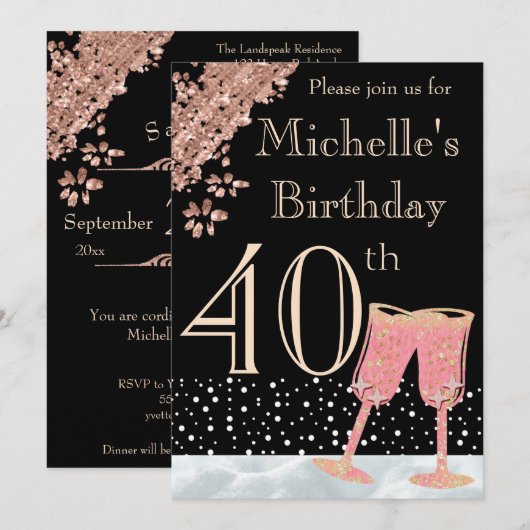 Elegant Black & Roos Gold 40th Birthday Party Kaart (Voorkant / Achterkant)