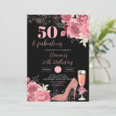 Elegant Black Roos Gold Champagne Adult Birthday Kaart (Staand voorkant)