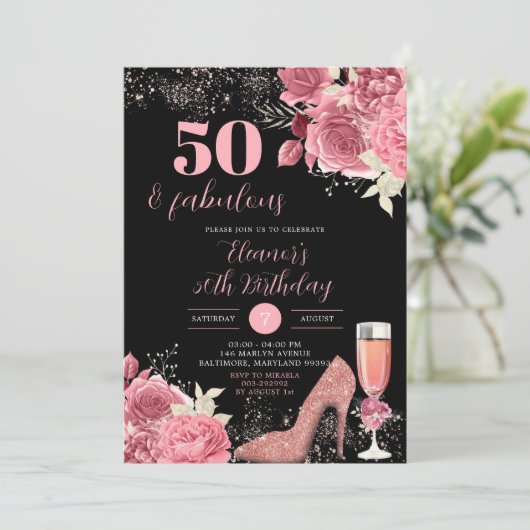 Elegant Black Roos Gold Champagne Adult Birthday Kaart (Staand voorkant)