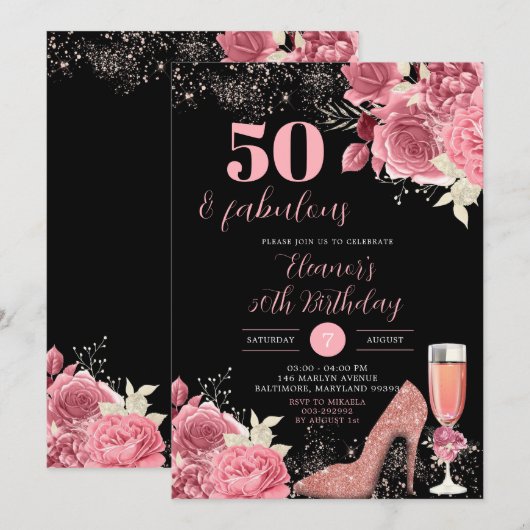Elegant Black Roos Gold Champagne Adult Birthday Kaart (Voorkant / Achterkant)