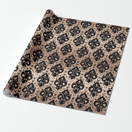 Elegant Black Roos Gold Damask Cadeaupapier (Uitgerold)