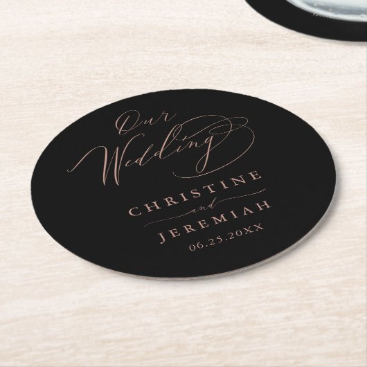 Elegant Black Roos Gold Elegant Script Weddenschap Ronde Kartonnen Onderzetter (Gebogen)