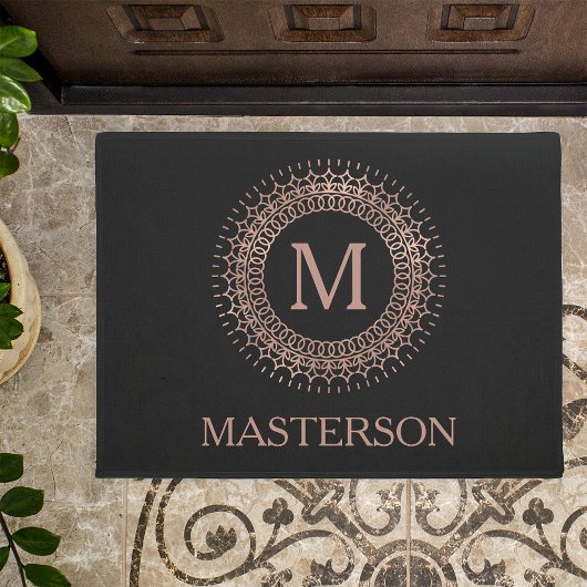 Elegant Black & Roos Gold Family Name Monogram Deurmat