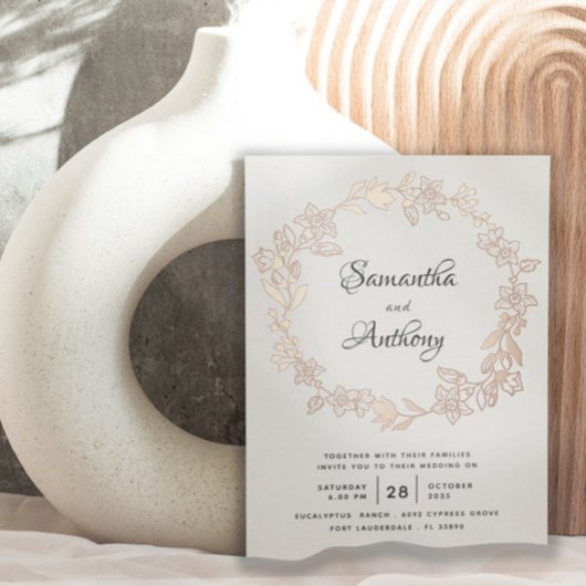 Elegant Black Roos Gold Floral Wreath Wedding Folie Uitnodiging