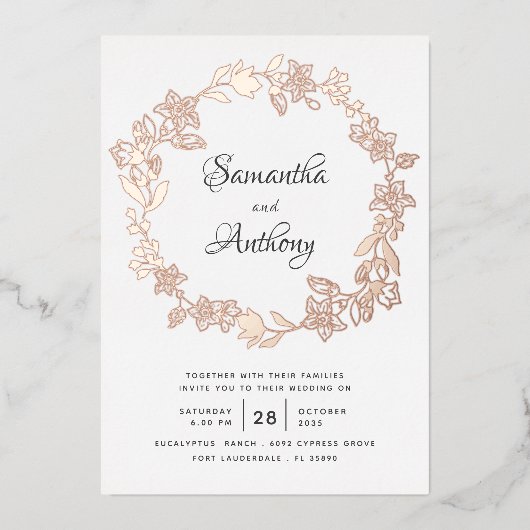 Elegant Black Roos Gold Floral Wreath Wedding Folie Uitnodiging (Voorkant)