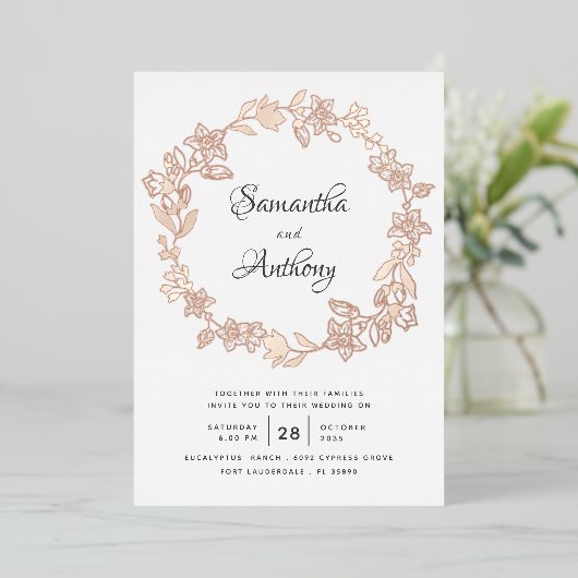 Elegant Black Roos Gold Floral Wreath Wedding Folie Uitnodiging (Staand Voorkant)