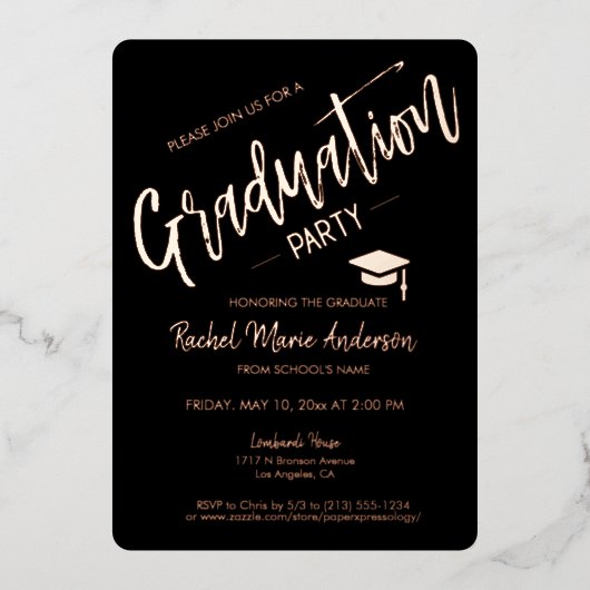 Elegant Black Roos Gold Foil Afstuderen Invite Folie Uitnodiging (Voorkant)