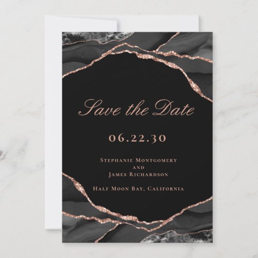 Elegant Black Roos Gold Foil Agate Weddenfoto Save The Date (Voorkant)
