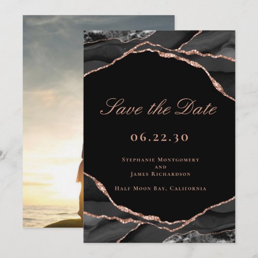 Elegant Black Roos Gold Foil Agate Weddenfoto Save The Date (Voorkant / Achterkant)