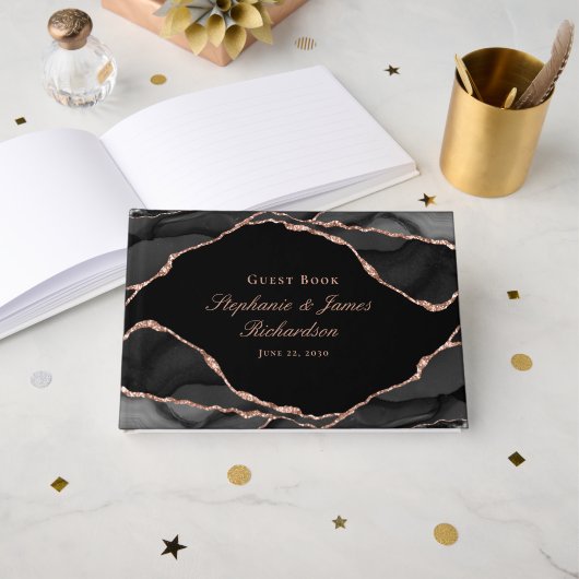 Elegant Black Roos Gold Foil Agate Wedding Gastenboek (Voorkant open)