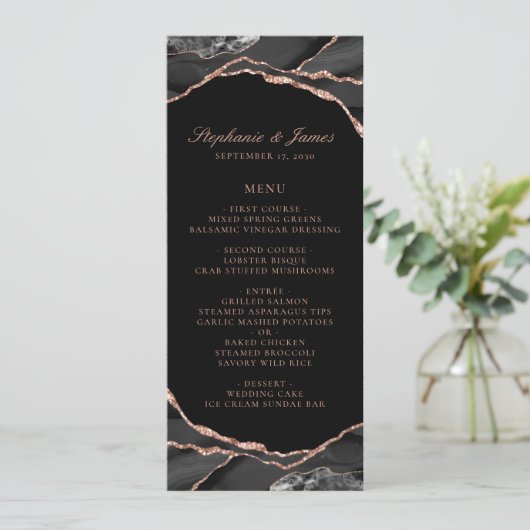 Elegant Black Roos Gold Foil Agate Wedding Menu (Staand voorkant)
