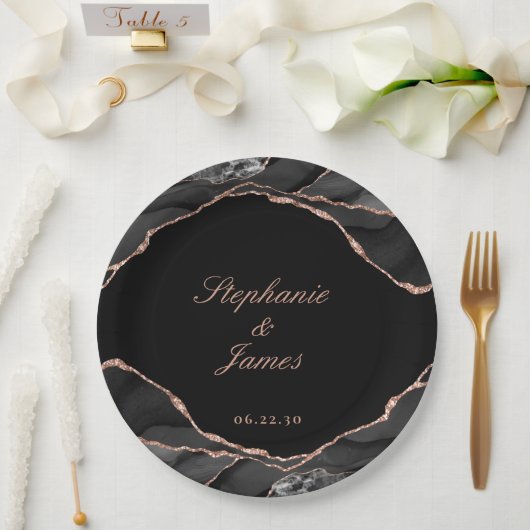 Elegant Black Roos Gold Foil Agate Wedding Papieren Bordje (Huwelijk)