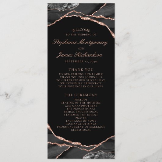 Elegant Black Roos Gold Foil Agate Wedding Programmakaart (Voorkant)