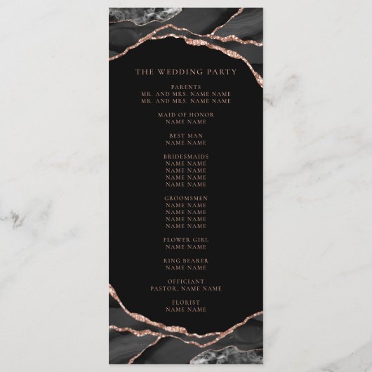 Elegant Black Roos Gold Foil Agate Wedding Programmakaart (Achterkant)