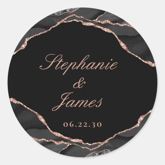 Elegant Black Roos Gold Foil Agate Wedding Ronde Sticker (Voorkant)