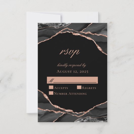 Elegant Black Roos Gold Foil Agate Wedding RSVP Kaartje (Voorkant)