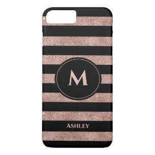 Elegant Black Roos Gold Glitter Striped Monogram iPhone 8/7 Plus Hoesje