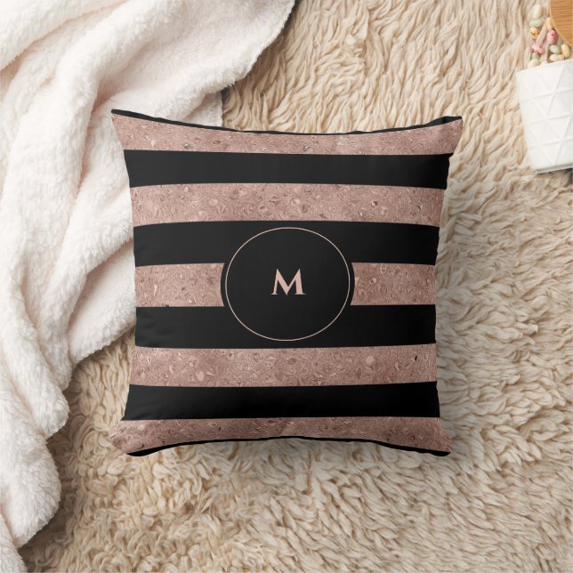 Elegant Black Roos Gold Glitter Striped Monogram Kussen (Deken)