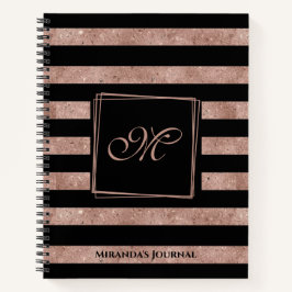 Elegant Black Roos Gold Glitter Striped Monogram Notitieboek