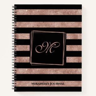 Elegant Black Roos Gold Glitter Striped Monogram Notitieboek